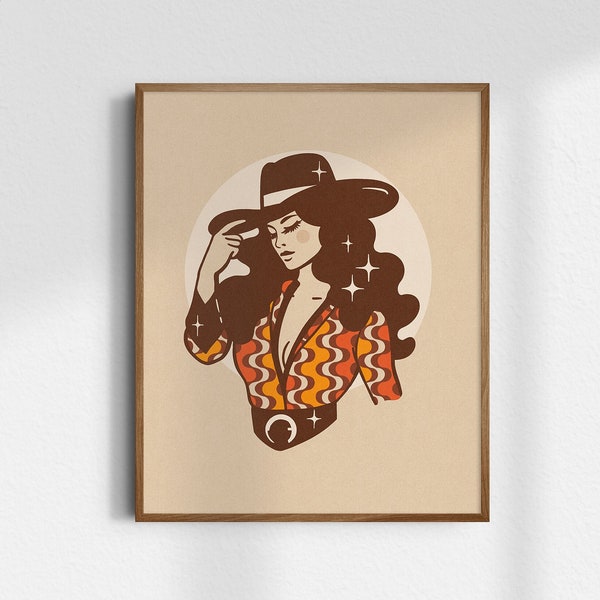 Groovy Cowgirl, Giclée Fine Art Print, 70s Western Cowgirl Print, Vintage Cowgirl Art, Retro Wall Art, UNFRAMED