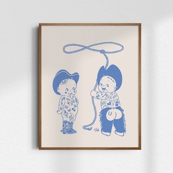 Kewpie Cowgirl, Kewpie Cowboy, Giclée Fine Art Print, Western Wall Art, Vintage Cowgirl Art, Cowboy Print, Vintage Nursery Decor, UNFRAMED