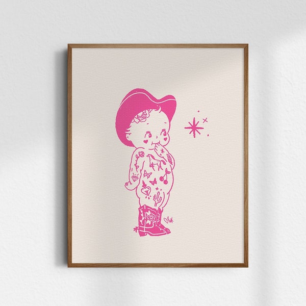 Vaquera de Kewpie, impresión artística Giclée, impresión de arte occidental, arte de pared occidental, arte de vaquera vintage, impresión de vaquera, decoración de guardería, SIN MARCO
