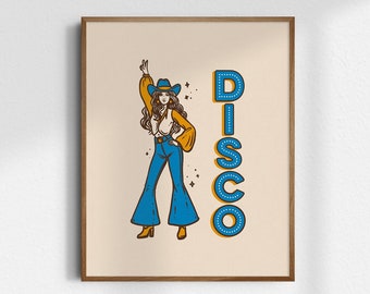 Disco Cowgirl, Giclée Fine Art Print, Western Cowgirl Print, Vintage Cowgirl Art, Retro Wall Art, UNFRAMED