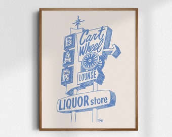 Cart Wheel Bar Sign, Giclée Fine Art Print, Bar Cart Art, Bar Cart Decor, Vintage Wall Art, Trendy Retro Decor, Trendy Art Prints, UNFRAMED