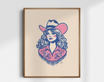 May include: A digital illustration of a woman wearing a pink cowboy hat and a pink shirt with blue floral embroidery. The woman has long blonde hair and blue eyes.