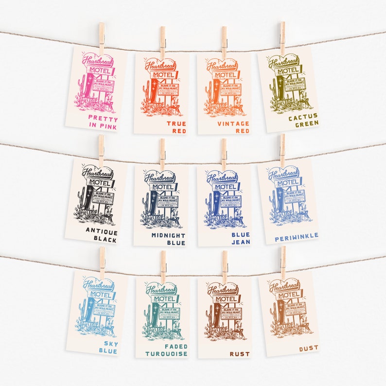 K&ouml;nnte beinhalten: Ein Set mit 10 digitalen Stempeldesigns, die ein Vintage-Motel-Schild mit dem Text "Heartbreak Motel" in verschiedenen Farben zeigen, darunter Pink, Rot, Blau, Gr&uuml;n, Schwarz und Braun.