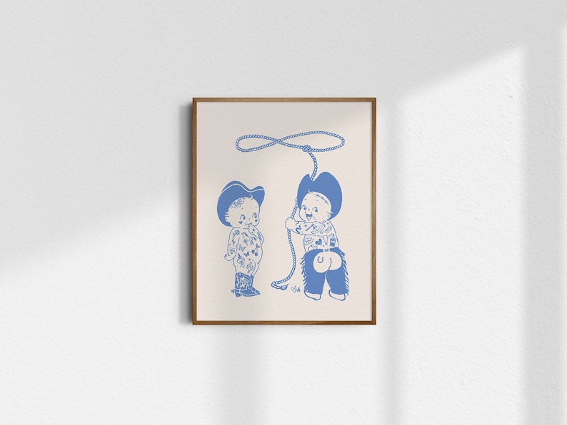 May include: Two blue cartoon cowboys with tattoos, one holding a lasso, against a cream background.