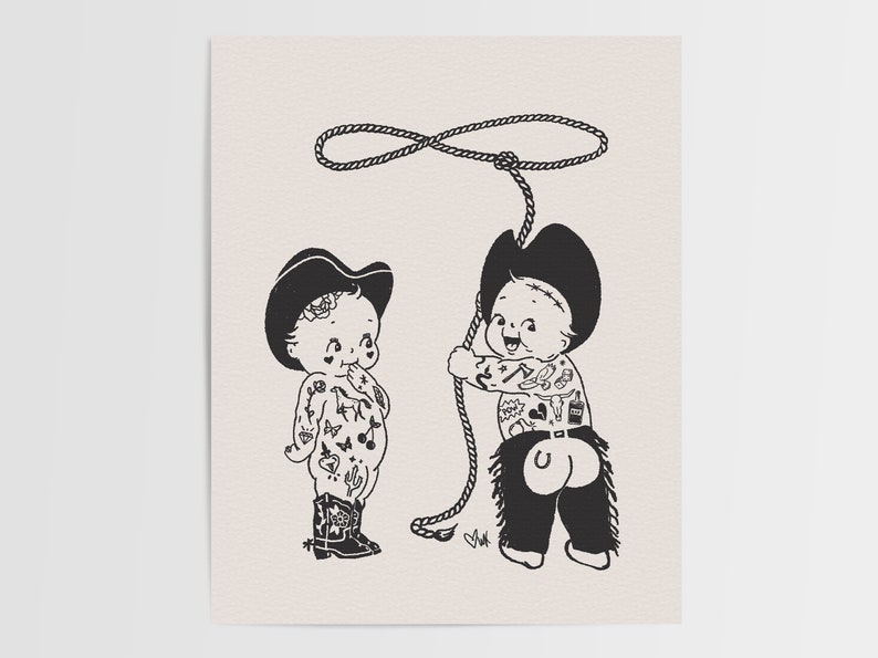 May include: Black and white illustration of two babies dressed as cowboys. One baby is wearing a cowboy hat and holding a lasso. The other baby is wearing a cowboy hat and chaps and has tattoos on their arms and legs.