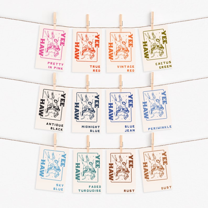 May include: Ten different color variations of a digital download for a "Yee Haw" design featuring a cowboy riding a horse. The colors include: Pretty in Pink, True Red, Vintage Red, Cactus Green, Antique Black, Midnight Blue, Blue Jean, Periwinkle, Sky Blue, Faded Turquoise, Rust, and Dust.