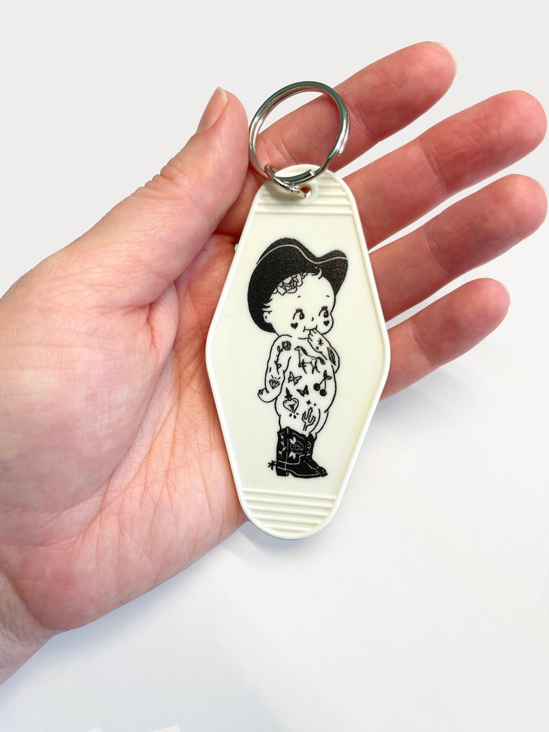 Kewpie Cowgirl Vintage Motel Keychain, Trendy Hotel Keychain image 1