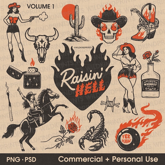 Raisin Hell Graphic Bundle, PNG, Yallternative, Retro Cowgirl, Digital Cowgirl Art, Digital Download, Western Art