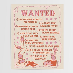 May include: A vintage-style wanted poster with a pink and white color scheme. The poster features a woman in a pink outfit on roller skates, with the text "WANTED" at the top and a list of qualities, such as "the strength to break old patterns" and "the courage to start again".