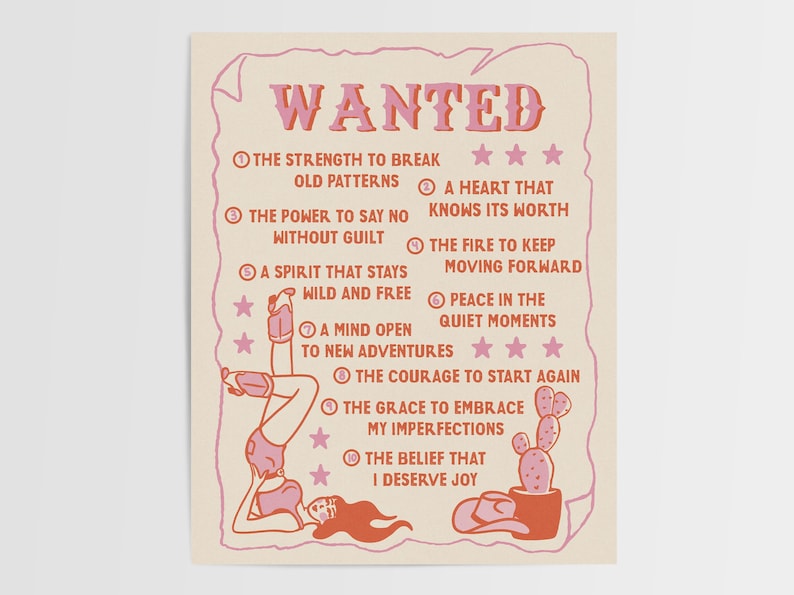May include: A vintage-style wanted poster with a pink and white color scheme. The poster features a woman in a pink outfit on roller skates, with the text "WANTED" at the top and a list of qualities, such as "the strength to break old patterns" and "the courage to start again".
