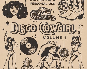 Disco Cowgirl Graphic Bundle, PNG, Retro Cowgirl, Digital Cowgirl Art, Digital Download, Western Art