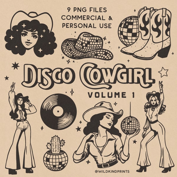 Disco Cowgirl Graphic Bundle, PNG, Retro Cowgirl, Digital Cowgirl Art, Digital Download, Western Art