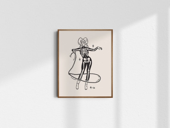 Bone-a-fide Cowgirl, Skeleton Cowgirl Art Print, Giclée Fine Art Print, Vintage Cowgirl Wall Art, Goth Cowgirl Decor, UNFRAMED