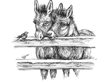 May include: A black and white ink drawing of two donkeys looking over a wooden fence. A small bird is perched on the fence.