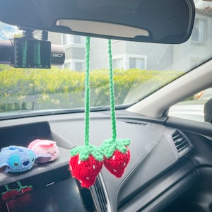 Car Mirror Charm | Hanging Car Charm, Crochet Car Accessory, Strawberry Car Charm, Kawaii Car Accessory
