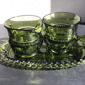 Vintage Indiana Glass Green Kings Crown Sugar And Creamer Bowls With Underplate