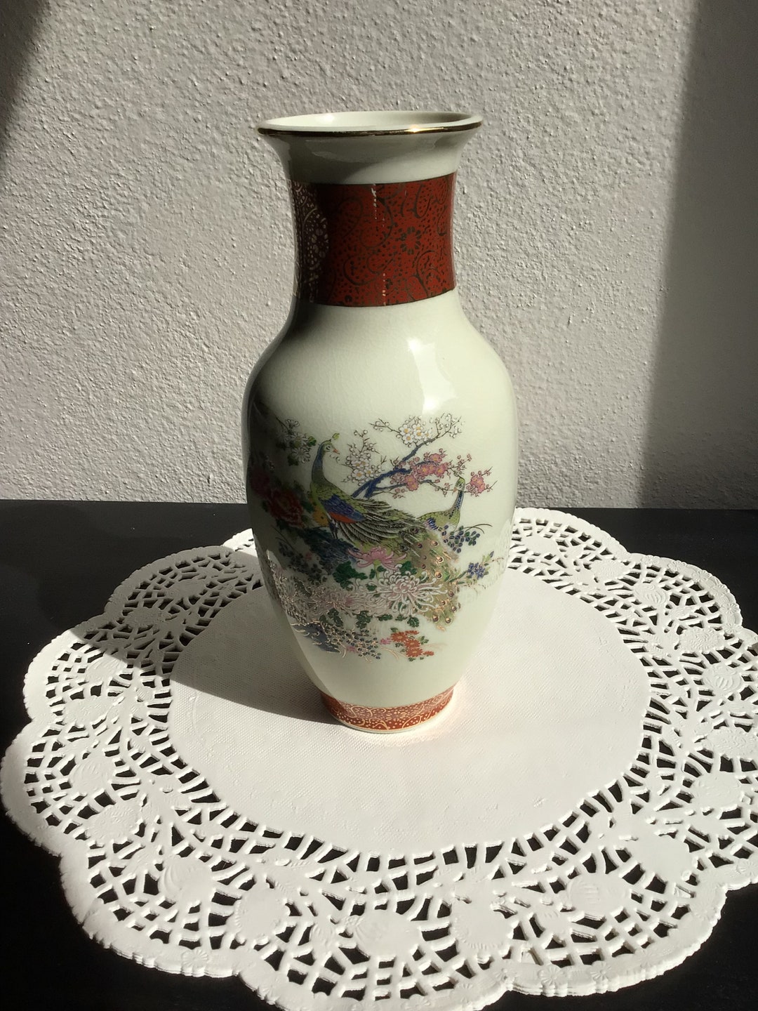 Vintage 1979 Satsuma Japan Peacock Floral Vase Porcelain Gold Trim Etsy