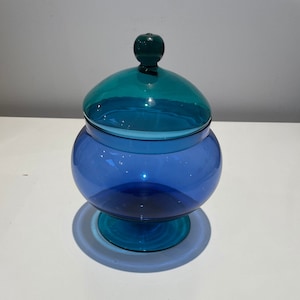 Teal and Cobalt Blue MCM Mid-Century Modern Bonbonniere, Empoli, Murano Style, Bon Bon, Biscuit or Candy Jar