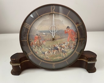 English Hunting Scene Mantle Clock Non-working Electric Smiths ‘Sectric’ in Wooden Frame, Curved Glass & Bakelite Back c1953, Rare Survivor