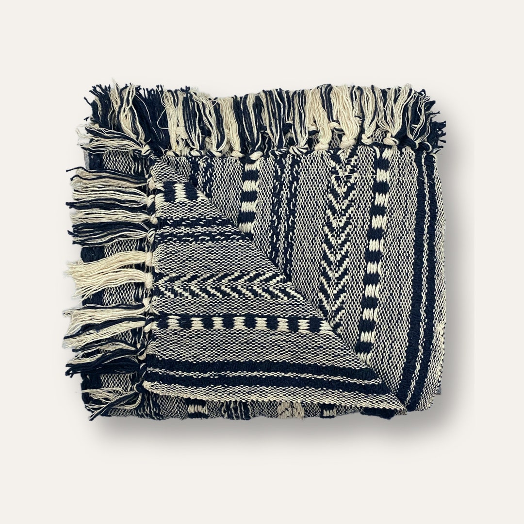 Navy Blue and Natural Cotton Blanket Sofa Blanket 100 Etsy