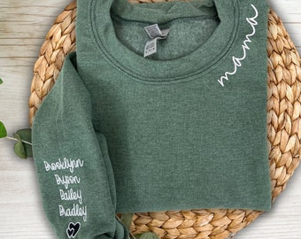 Custom Embroidered Mama Sweatshirt with Kids Names on Sleeve, Personalized Gift for Mom, New Mom Birthday Gift, Hoody Sweatshirt for Woman