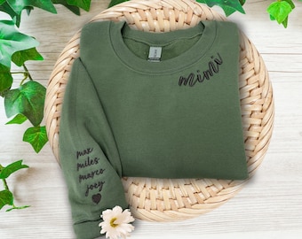 Custom Mimi Sweatshirt Embroidered with Grandkids Name, Personalized Embroidery Grandma,Any Text or Mimi on Neckline Sweatshirt for Mother's