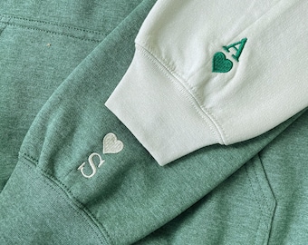 Custom Embroidered Initial Heart Sweatshirt, Couple Shirt Initial On Sleeve, Personalized Gift Anniversary, Reunion Gift