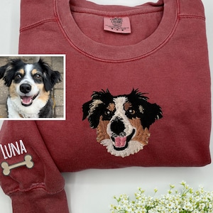 Comfort Colors® Custom Embroidered Dog Sweatshirt From Your Photo, Embroidered Dog Face Crewneck, Pet Sweatshirt With Pet Name, Dog Mom Gift