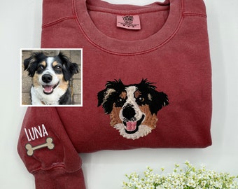 Comfort Colors® Custom Embroidered Dog Sweatshirt From Your Photo, Embroidered Dog Face Crewneck, Pet Sweatshirt With Pet Name, Dog Mom Gift