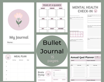 Printable Bullet Journal| Bullet Journal| Mood Tracker| Habit Tracker| Journal| Brain Dump| Daily Journal| Gratitude Journaling| Planner