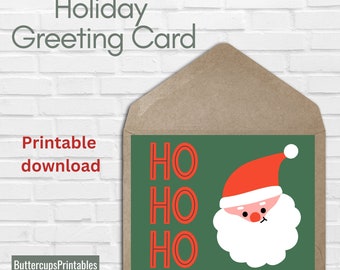 Peut inclure: Carte de vœux de Noël imprimable avec un fond vert, du texte rouge "HO HO HO" et un Père Noël dessiné avec un chapeau rouge et une barbe blanche.