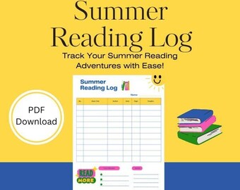 Könnte beinhalten: Ein druckbarer Sommerleselog mit gelbem Hintergrund und blauem Rand. Der Log hat einen Titel, der "Summer Reading Log" lautet, und einen Untertitel, der "Track Your Summer Reading Adventures with Ease!" lautet. Der Log hat eine Tabelle mit Spalten für Buchtitel, Autor, Datum, Seiten und Gedanken. Am Ende des Logs befindet sich ein Abschnitt mit der Aufschrift "Read More", in dem der Leser Platz hat, um über seine Lieblingsbücher zu schreiben.