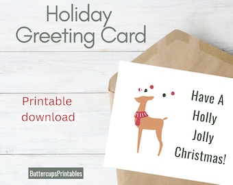 Printable Christmas Card, Christmas Card, Holiday Card, Holiday Greeting Card, Reindeer Card, Printable Holiday Card, Holly Jolly Card