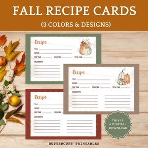 Tarjetas de recetas de otoño/ Tarjetas de recetas de otoño imprimibles/ Tarjetas de recetas de otoño de 4 x 6/ Tarjetas de recetas de calabaza/ Tarjetas de recetas de otoño