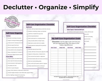Könnte beinhalten: Ein Set aus druckbaren Checklisten zur Selbstpflegeorganisation und Zielverfolgung mit violettem Text und Rändern. Die Seiten enthalten Kontrollkästchen für Aufgaben in Küche, Bad, Schlafzimmer und Büro sowie ein Raster zur Zielplanung.