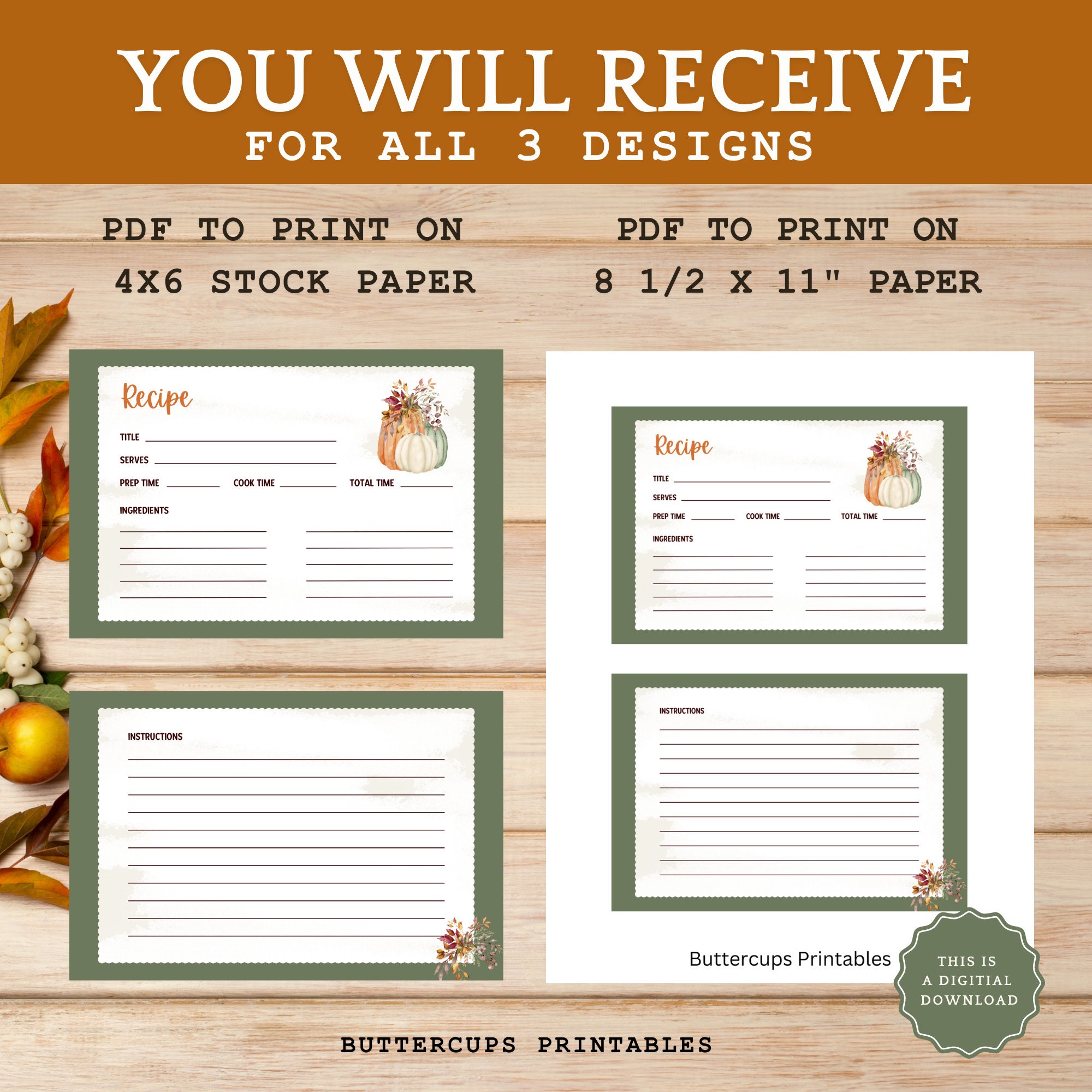 Fall Recipe Cards| Printable Autumn Recipe Cards| 4x6 Fall-themed ...