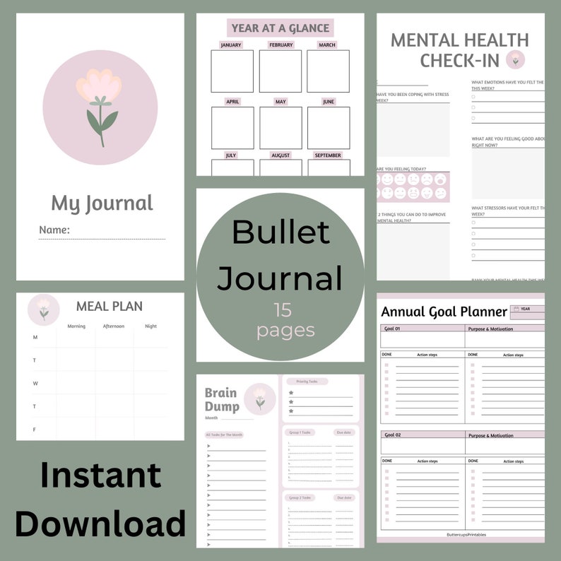 Printable Bullet Journal Bullet Journal Mood Tracker Habit Tracker Journal Brain Dump Daily Journal Gratitude Journaling Planner image 1