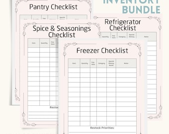 May include: Printable kitchen inventory checklist bundle with four pages: Pantry Checklist, Spice & Seasonings Checklist, Refrigerator Checklist, and Freezer Checklist. Each page has a table with columns for item, quantity, expiration date, category, special dietary needs, and notes. The last page has a section for restock priorities.
