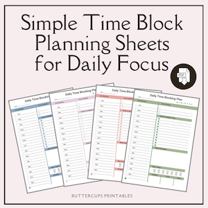 Puede incluir: Cuatro hojas de planificador de bloqueo de tiempo diario imprimibles en diferentes colores. Cada hoja tiene una sección para las 3 prioridades principales, las tareas a completar, notas y recordatorios, y un rastreador de agua. Las hojas están diseñadas para el enfoque y la productividad diarios.