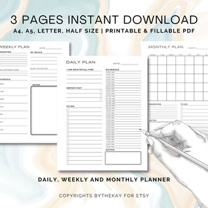 Digital Planner Bundle, Daily, Weekly, Monthly Planner, Work sheet, Productivity tracker, Printable Planner, Fillable daily planner