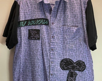 HEY ARNOLD Nickelodeon Upcycled 90s Short Sleeve Printed Button Down Shirt Unisex Size XL 1 of a kind Purple Black
