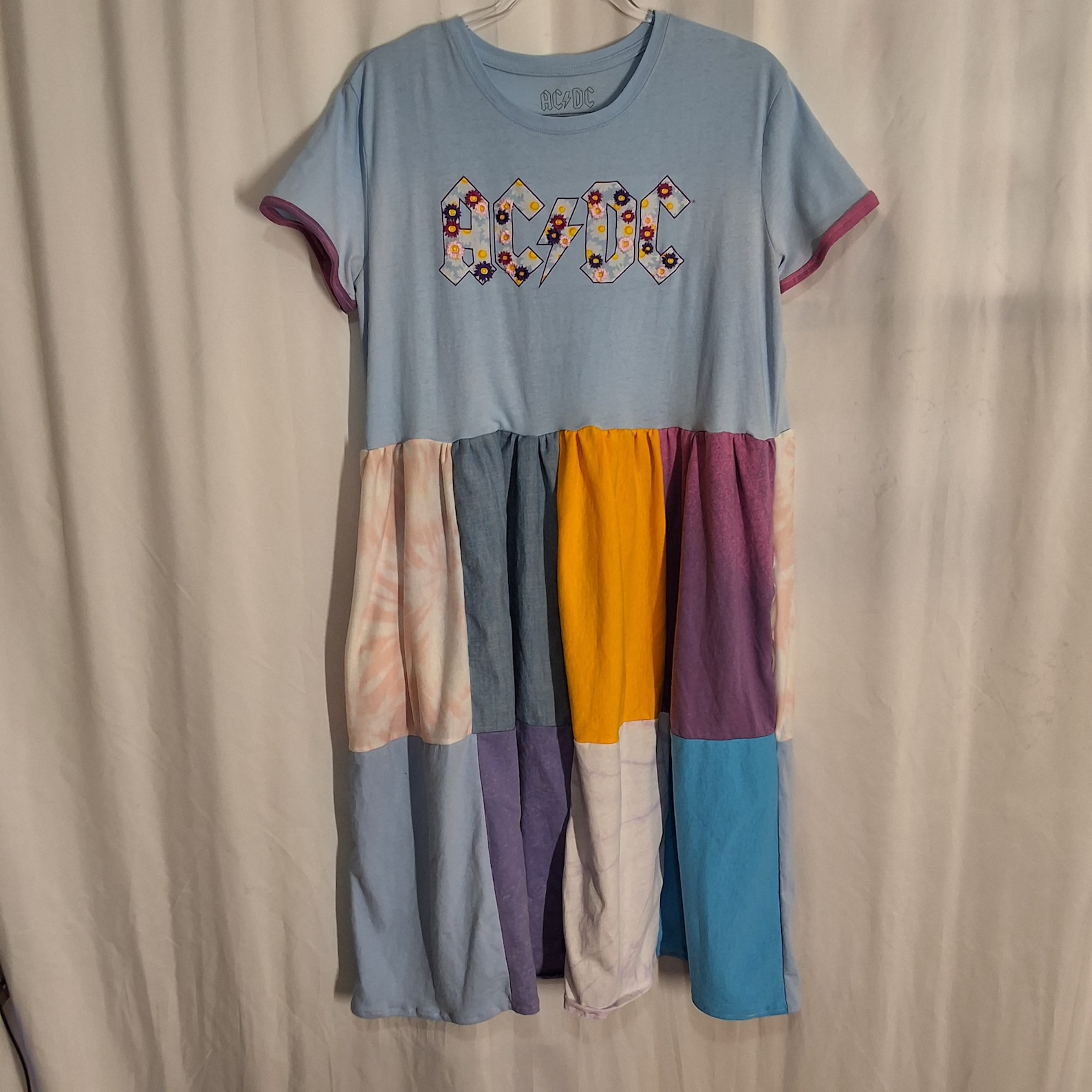 Patchwork ACDC Dress Upcycled T-shirt Dress W Pockets Beachy Colorful ...