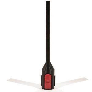 May include: A black and red handheld device with a long, thin handle and two red buttons.