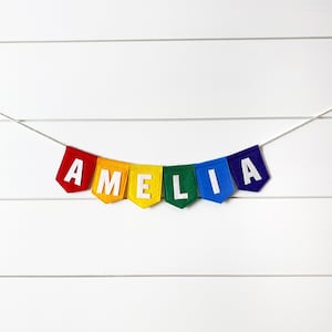 Rainbow Felt Banner with Custom Lettering - Personalized Decor for Baby Nurseries and Kids Rooms | Colorful Stroller Sign or Name Tag