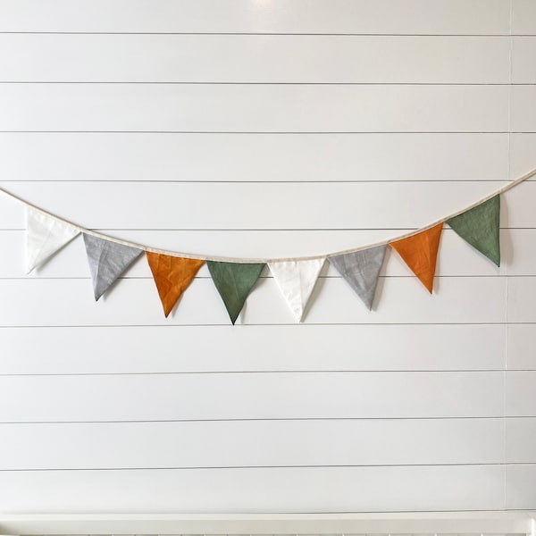 Linen Bunting Banner for Woodland Mustard Green Nursery Decor - Party Garland | Handmade Wall Hanging Fabric Triangle Flags for Baby Room