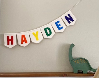 Large Name Banner with Custom Rainbow Lettering - Personalized Felt Flags for Baby Nursery and Kids Rooms, Teacher Classroom