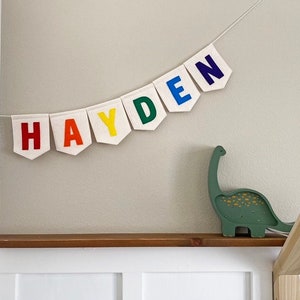 Large Name Banner with Custom Rainbow Lettering - Personalized Felt Flags for Baby Nursery and Kids Rooms, Teacher Classroom