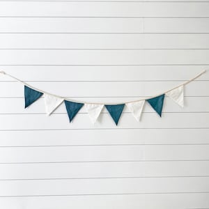 Linen Bunting Garland for Navy Blue Nursery Decor | Handmade Wall Hanging Banner Flags for Baby Room