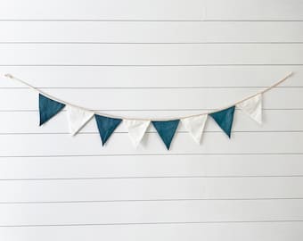 Linen Bunting Garland for Navy Blue Nursery Decor | Handmade Wall Hanging Banner Flags for Baby Room