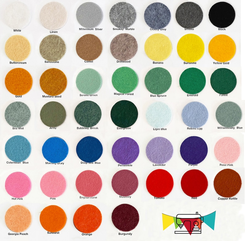 May include: A color chart featuring a variety of felt circles in a wide spectrum of colors. Colors include white, black, gray, blue, green, yellow, pink, orange, red, and brown. Each circle is labeled with its corresponding color name.